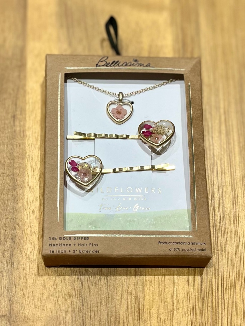 Bellissima - Gold Heart Necklace & Hair Pins Set with Pink Floral Inlay